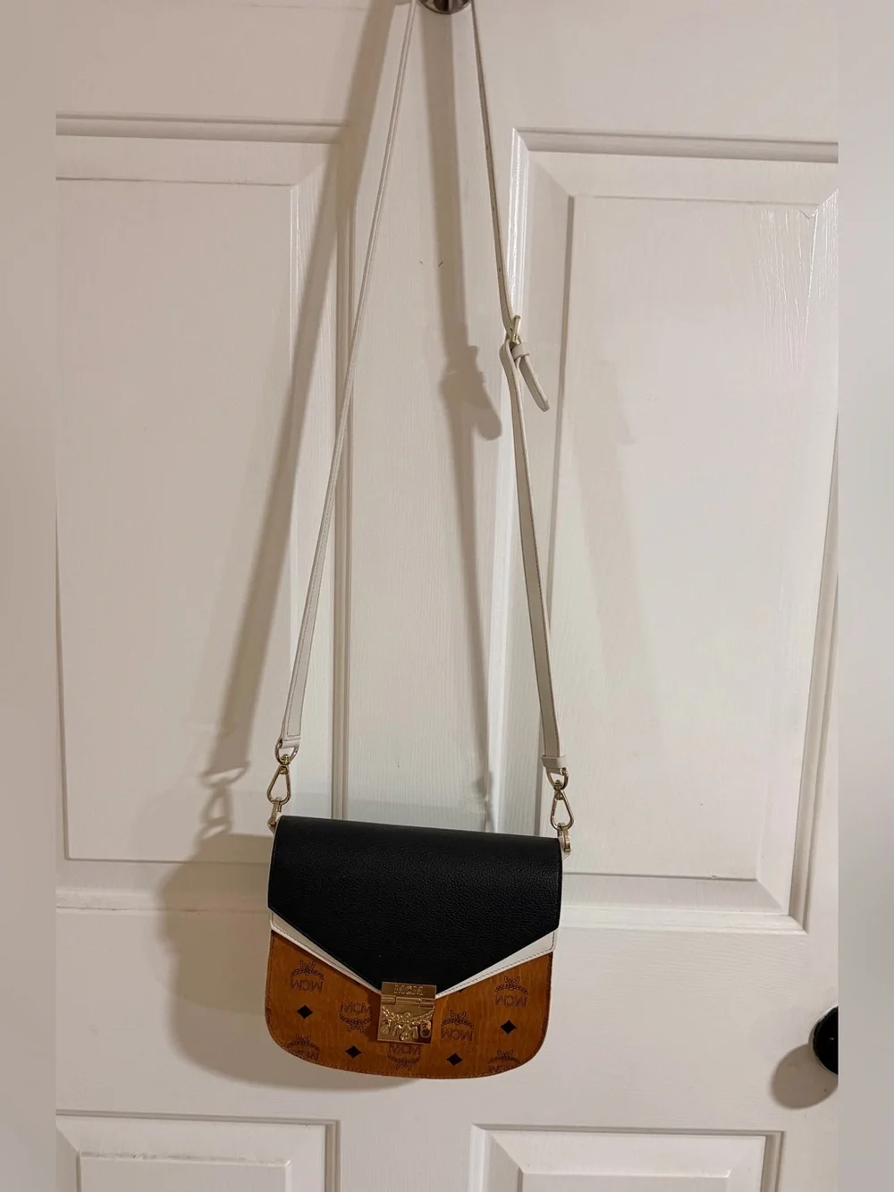 MCM Colorblock Visetos Crossbody in Cognac, Black & Cream
